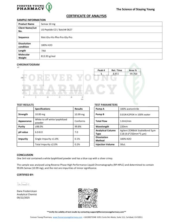 Semax 10mg Blue - COA - US Peptide CO